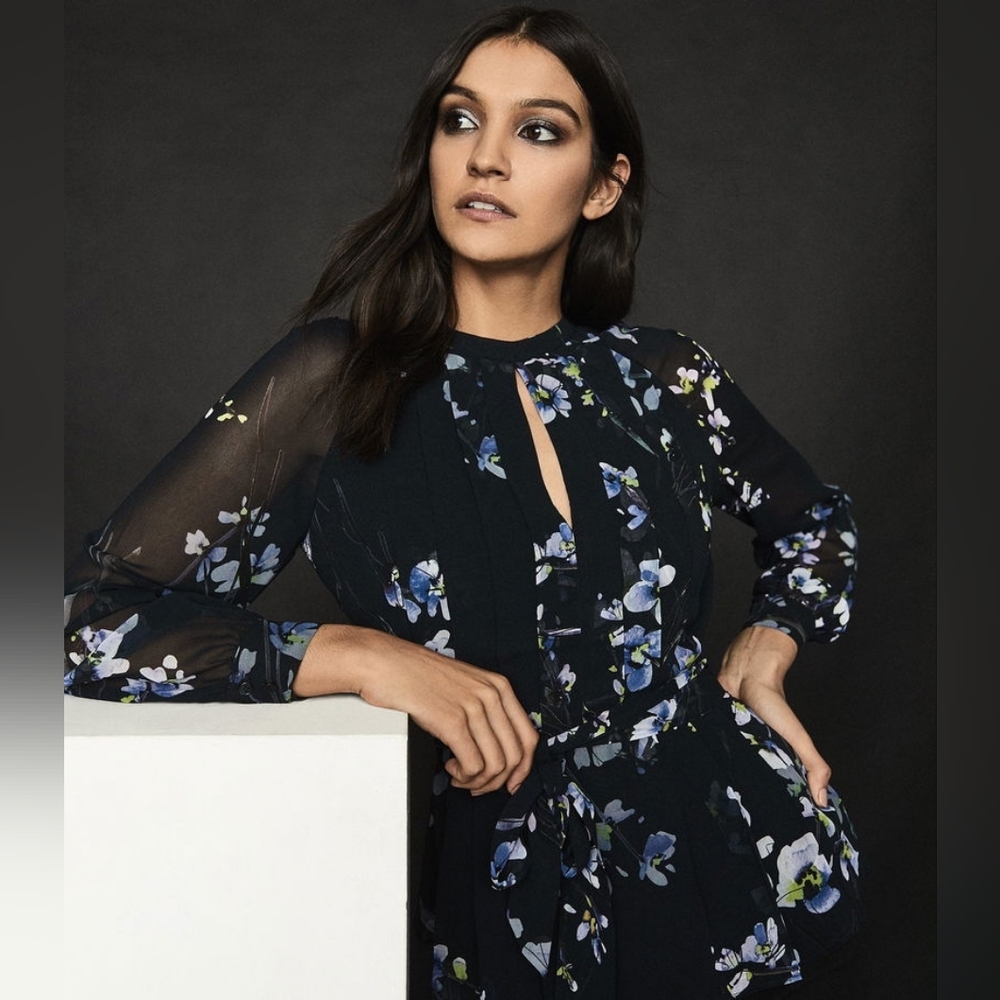 Reiss Robbie Floral Sheer Chiffon Open Back Peplum Blouse